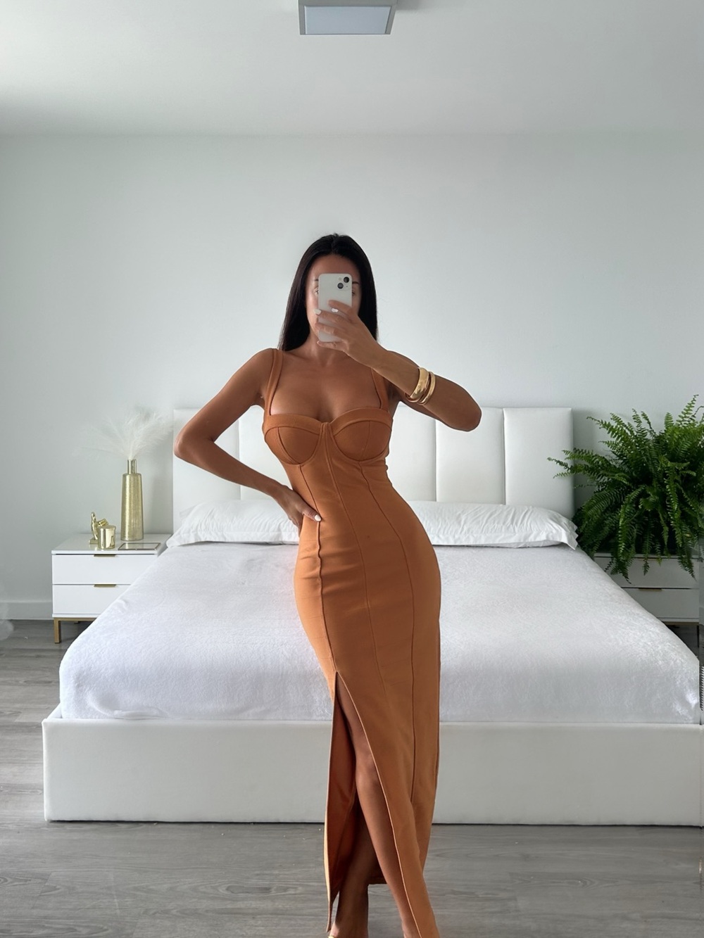 Sculpted Copper Maxi Dress with Front Slit